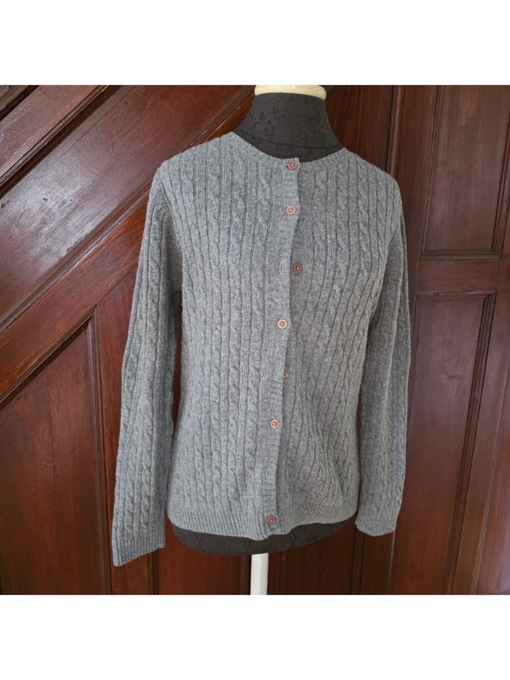 L.L. Bean Womens Gray Cable Knit Button Front Cardigan Sweater Wool Blend Size M